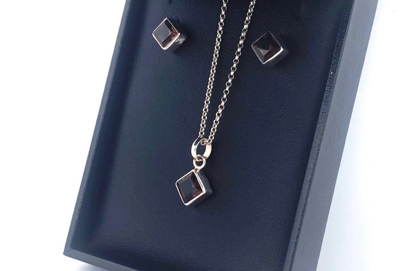 Smokey Quartz Diamond Studs & Necklace Gift Duo